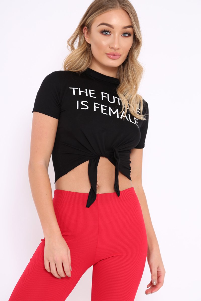 Black Slogan Tie Front Tshirt - Cicilia-Tops