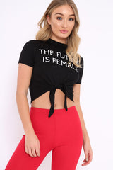 Black Slogan Tie Front Tshirt - Cicilia-Tops