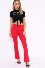 Black Slogan Tie Front Tshirt - Cicilia-Tops