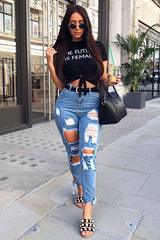 Black Slogan Tie Front Tshirt - Cicilia-Tops