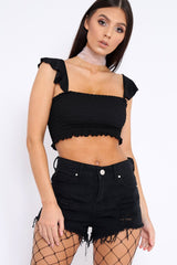 Black Smocked Frill Crop Top - Lenni-Tops