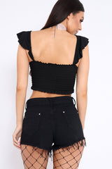 Black Smocked Frill Crop Top - Lenni-Tops