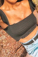 Black Smocked Frill Crop Top - Lenni-Tops