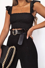 Black Smocked Frill Crop Top - Lenni-Tops