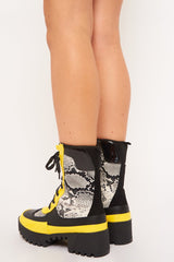 Black Snake Yellow Trim Chunky Lace Up Boots - Darbi-Boots