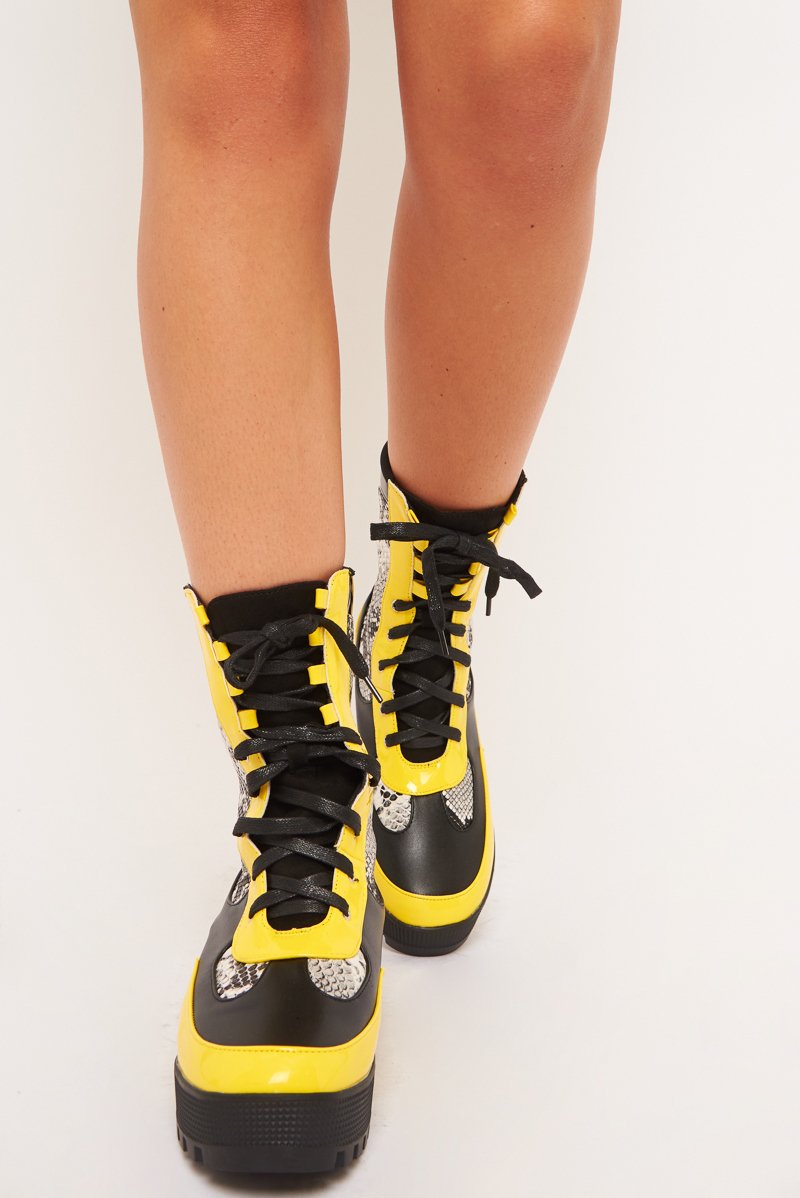 Black Snake Yellow Trim Chunky Lace Up Boots - Darbi-Boots