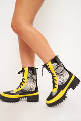 Black Snake Yellow Trim Chunky Lace Up Boots - Darbi-Boots