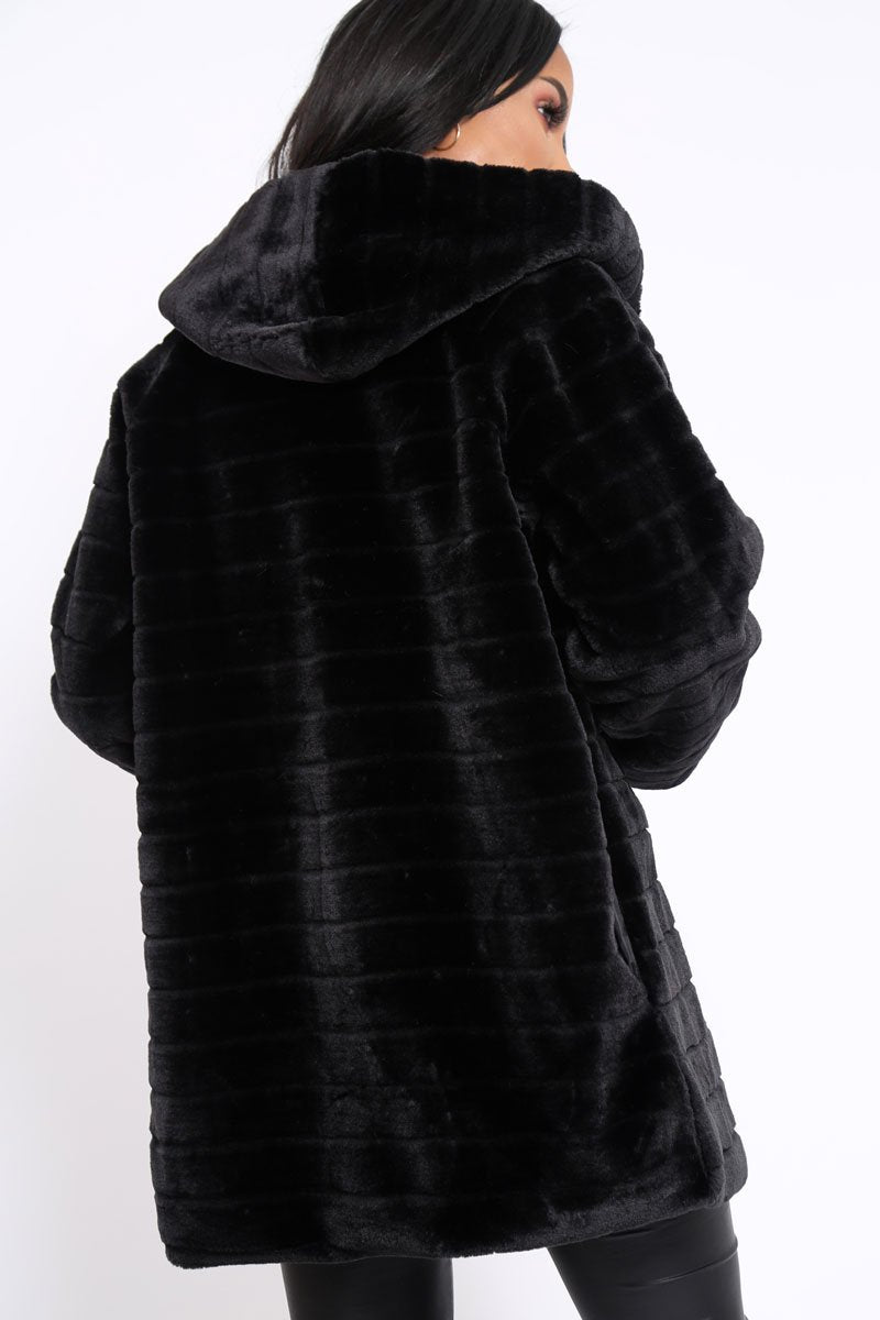 Black Soft Faux Fur Hooded Coat - Kila-Jackets