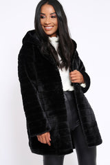 Black Soft Faux Fur Hooded Coat - Kila-Jackets