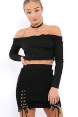 Black Soft Stretch Skirt with Lace Up Detail - Zarrah-Skirts