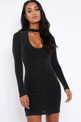 Black Sparkle Choker Neck Mini Dress - Kardie-Dresses