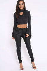 Black Sparkle High Neck Crop Top with Key Hole - Ellah-Tops