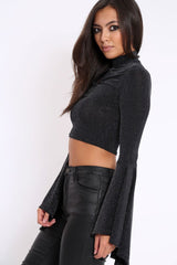 Black Sparkle High Neck Crop Top with Key Hole - Ellah-Tops