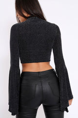 Black Sparkle High Neck Crop Top with Key Hole - Ellah-Tops
