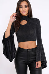 Black Sparkle High Neck Crop Top with Key Hole - Ellah-Tops
