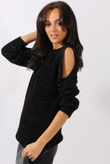 Black Sparkle Knitted Cold Shoulder Jumper - May-Jumper