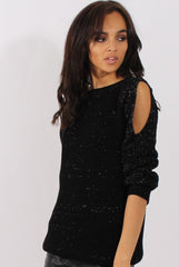Black Sparkle Knitted Cold Shoulder Jumper - May-Jumper