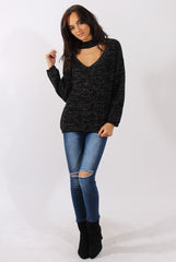 Black Sparkle Knitted Cut Out Front Jumper - Meri-Jumper