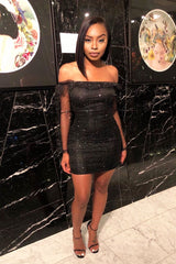 Black Sparkle Mesh Ruched Bodycon Dress - Idell-Dresses