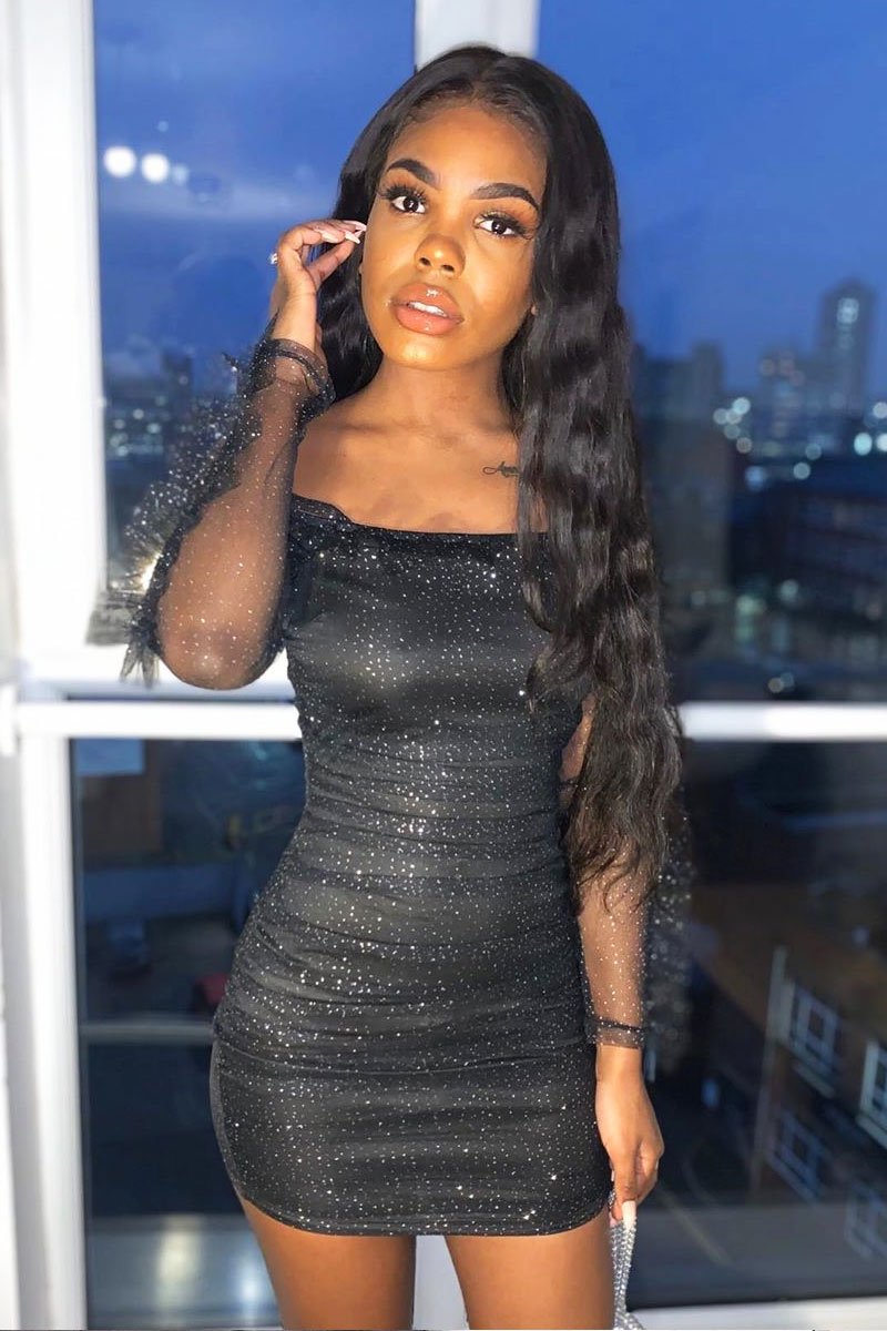 Black Sparkle Mesh Ruched Bodycon Dress - Idell-Dresses