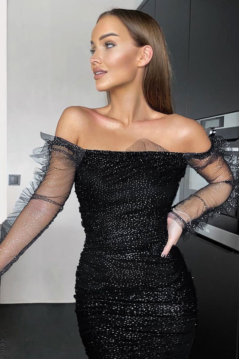 glitter mesh ruched bodycon dress in black Black Glitter Mesh Pattern V-Neck Bodycon Mini Dress