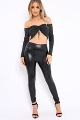 Black Sparkly Gathered Middle Bardot Crop Top - Sally-Crop Tops