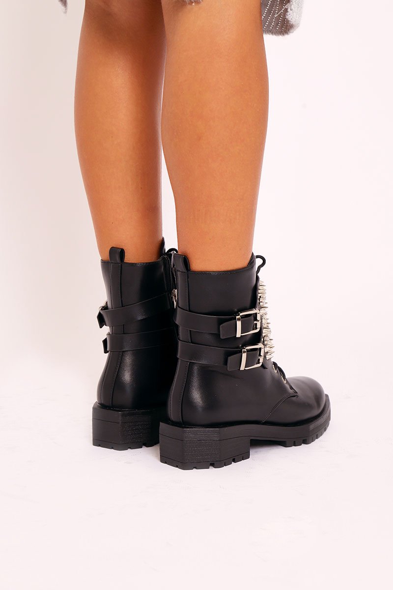 Black Spike and Stud Military Boots - Evalina-Boots