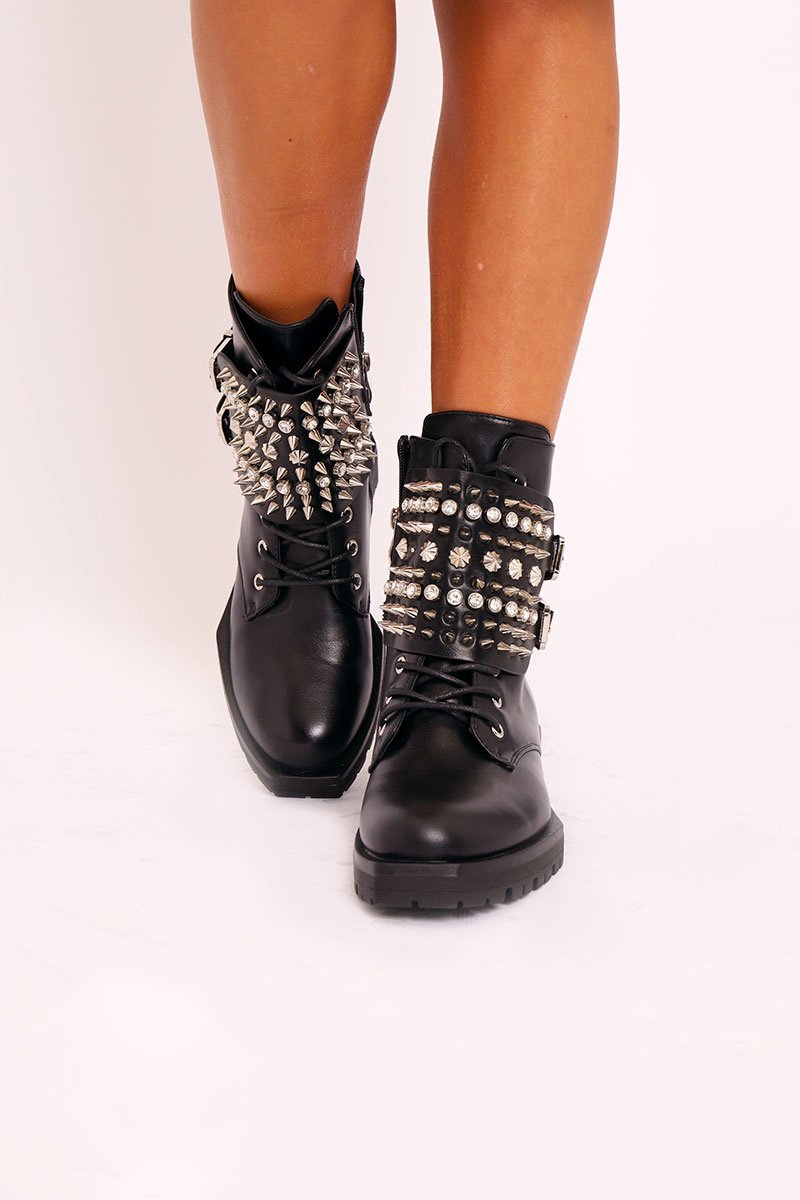 Black Spike and Stud Military Boots - Evalina-Boots