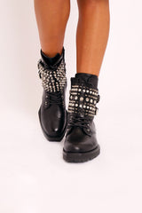 Black Spike and Stud Military Boots - Evalina-Boots