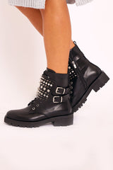Black Spike and Stud Military Boots - Evalina-Boots