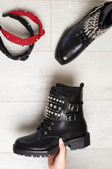 Black Spike and Stud Military Boots - Evalina-Boots