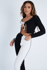Black Splice Contrast Stitch Tie Front Crop Top + Leggings - Ryia-Co-ords