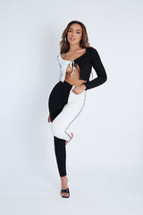 Black Splice Contrast Stitch Tie Front Crop Top + Leggings - Ryia-Co-ords