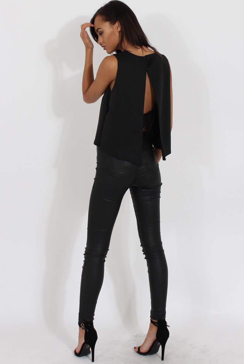 Black Split Back Sleeveless Top - Andrea-Tops