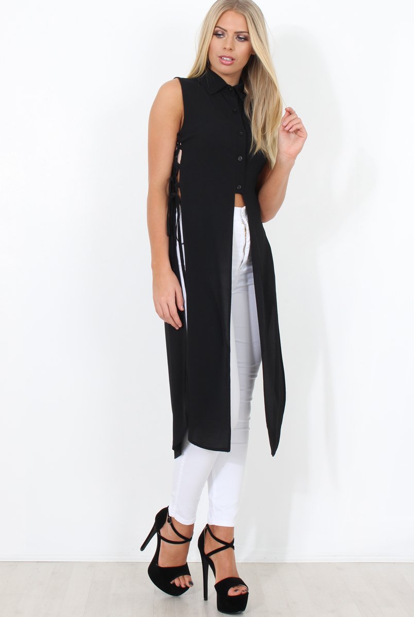 Black Split Detail Longline Shirt - Eva-Shirts