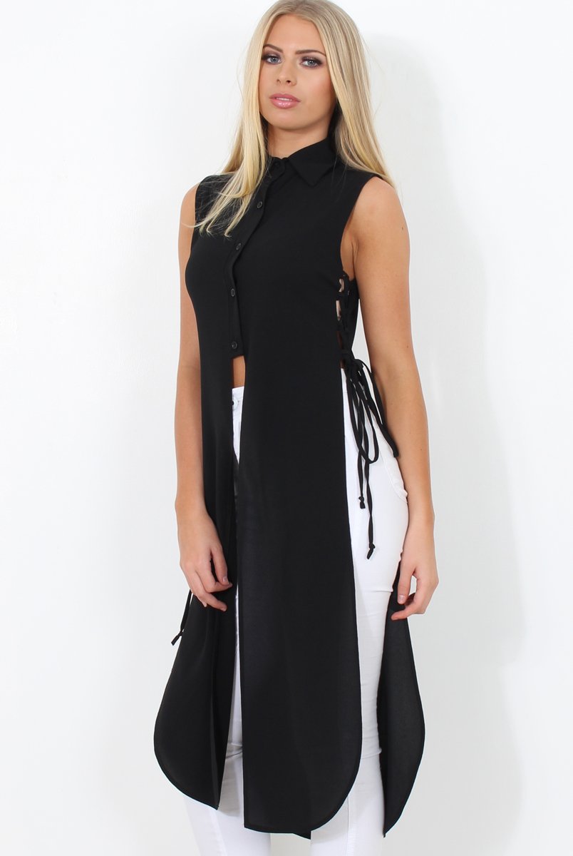 Black Split Detail Longline Shirt - Eva-Shirts