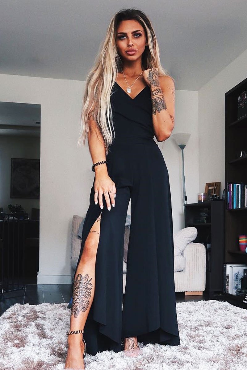 Black Split Flared Jumpsuit - Francisca-Jumpsuits