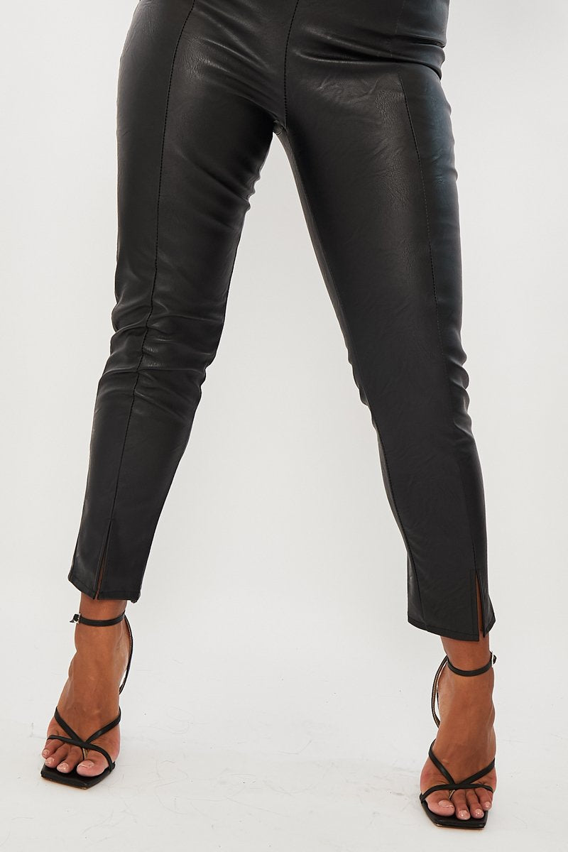 Black Split Front Faux Leather Skinny Trouser - Meya-Trousers