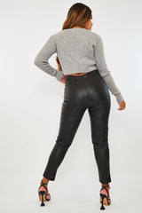Black Split Front Faux Leather Skinny Trouser - Meya-Trousers