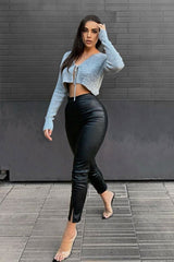 Black Split Front Faux Leather Skinny Trouser - Meya-Trousers