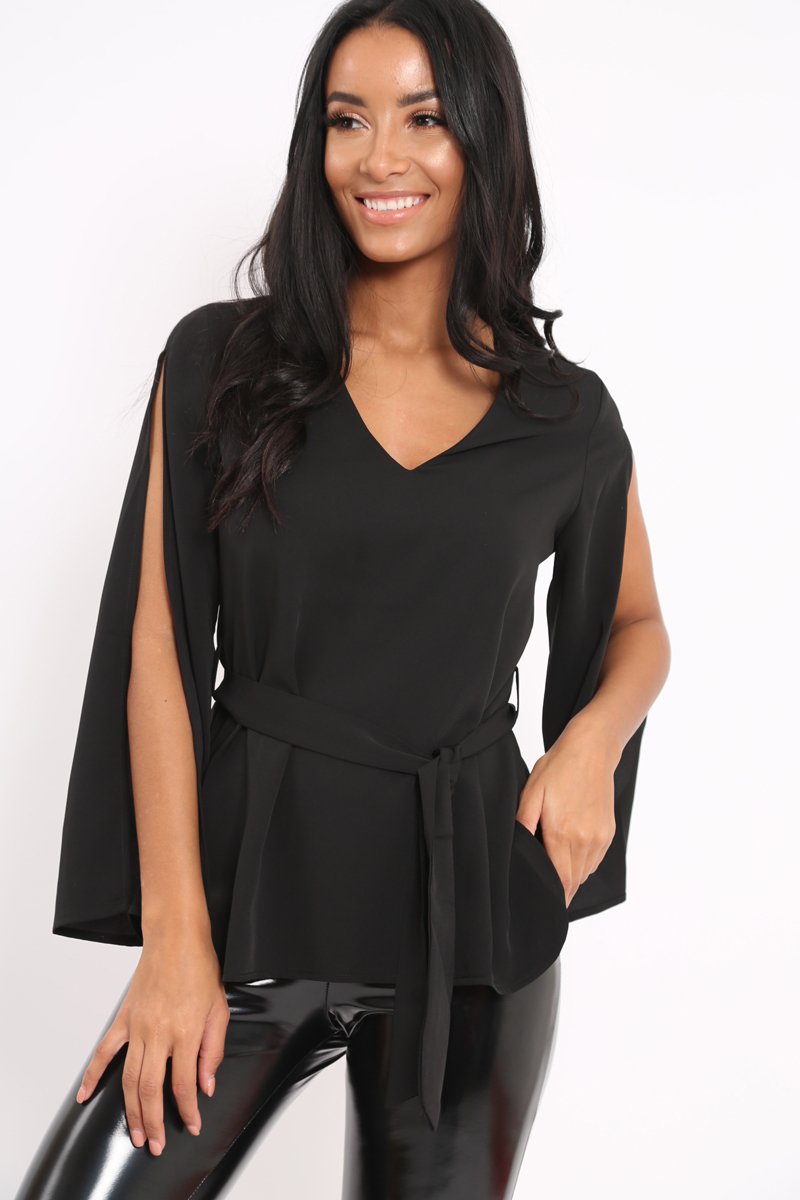 Black Split Sleeve Top - Porter-Tops