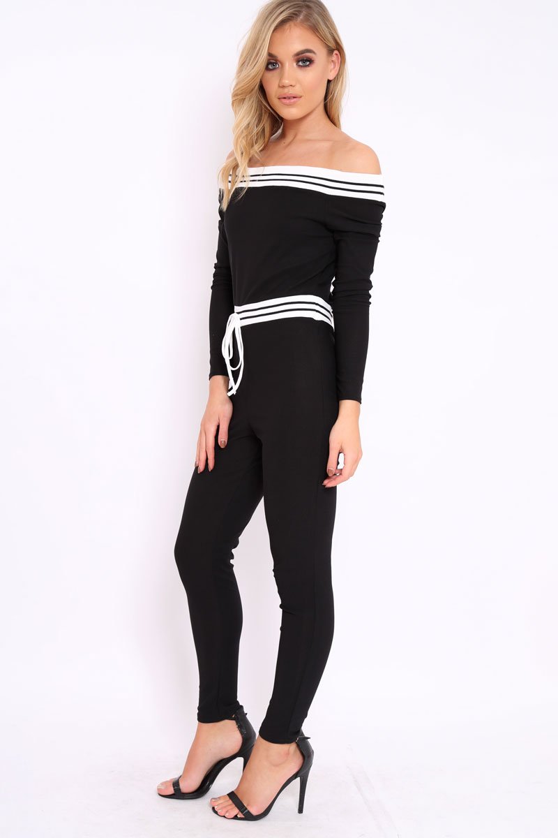 Black Sports Trim Bardot Jumpsuit - Millie-Jumpsuits