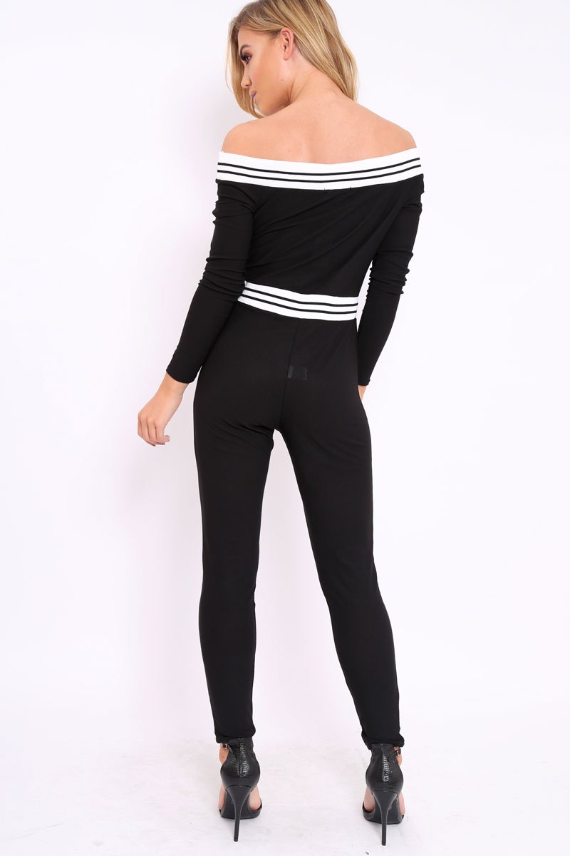 Black Sports Trim Bardot Jumpsuit - Millie-Jumpsuits