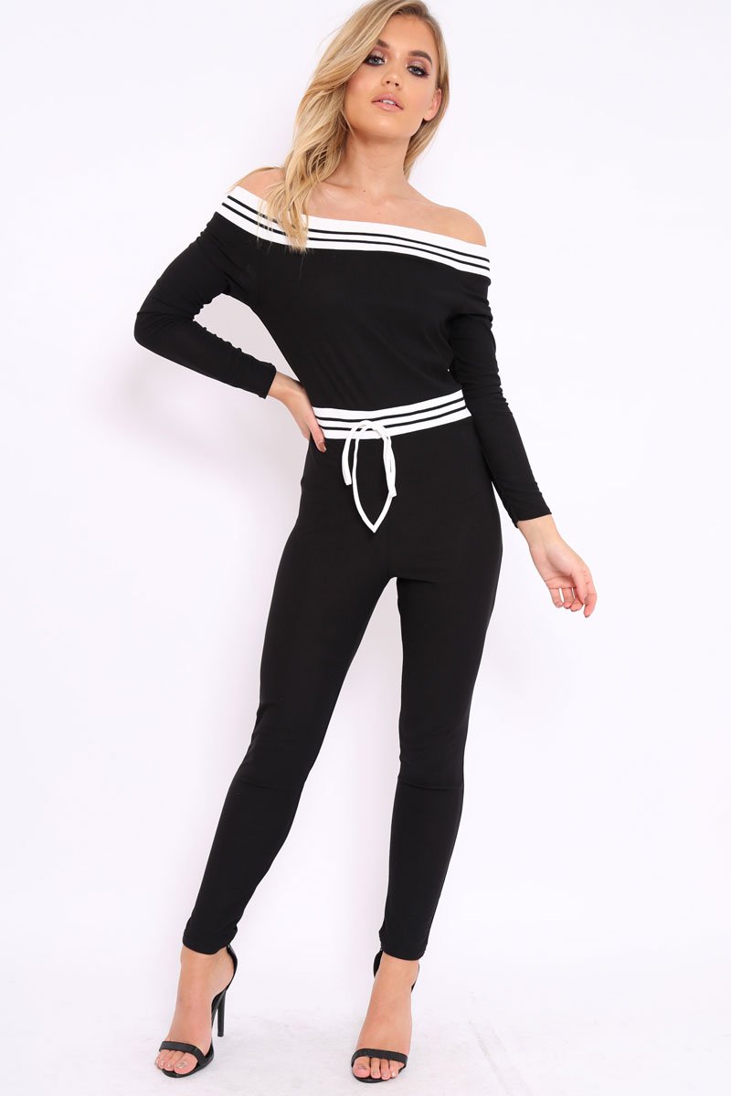 Black Sports Trim Bardot Jumpsuit - Millie-Jumpsuits