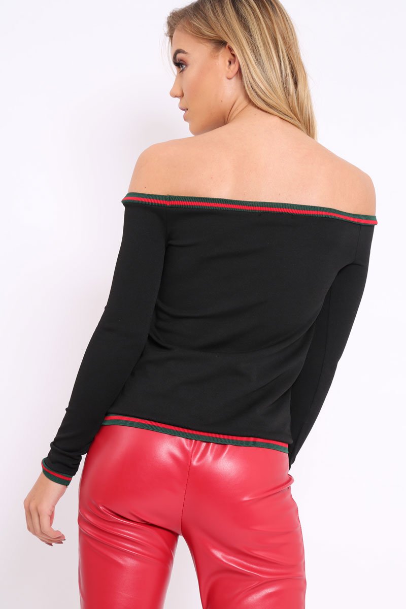 Black Sports Trim Bardot Top - Nylah-Tops