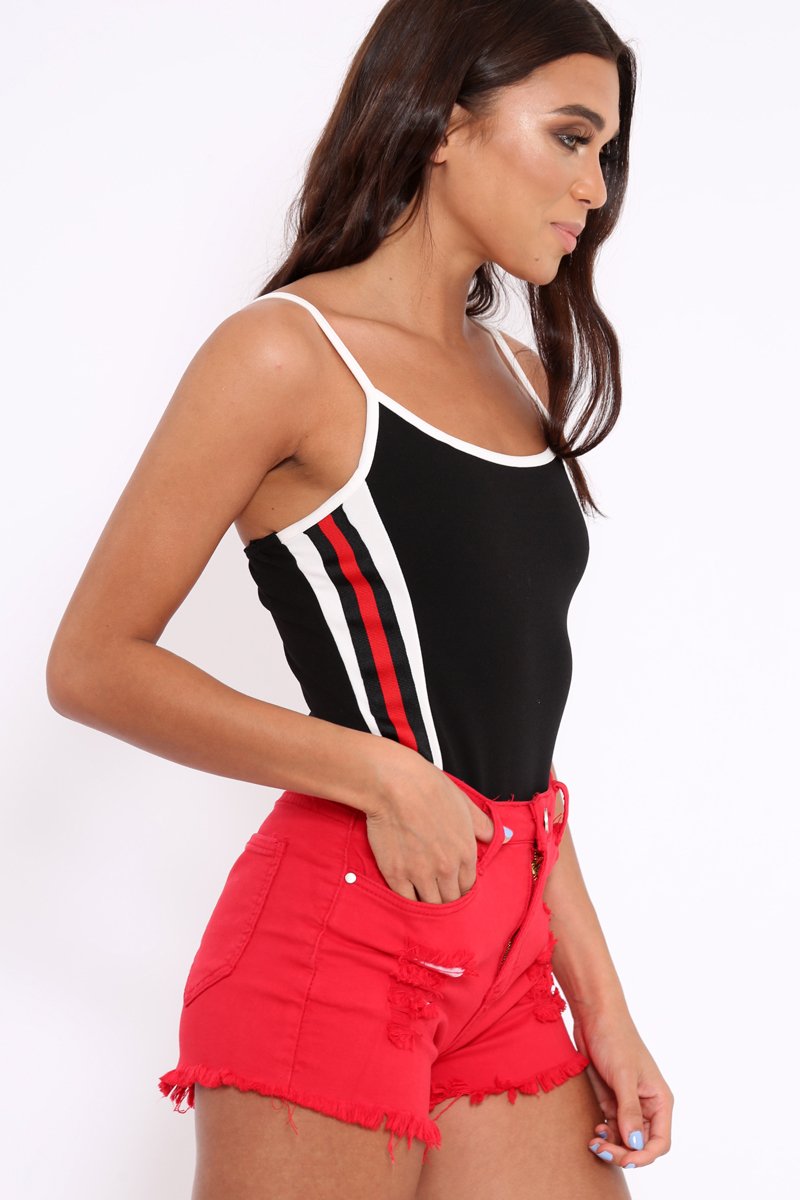 Black Sports Trim Side Stripe Bodysuit - Marlow-Bodysuits