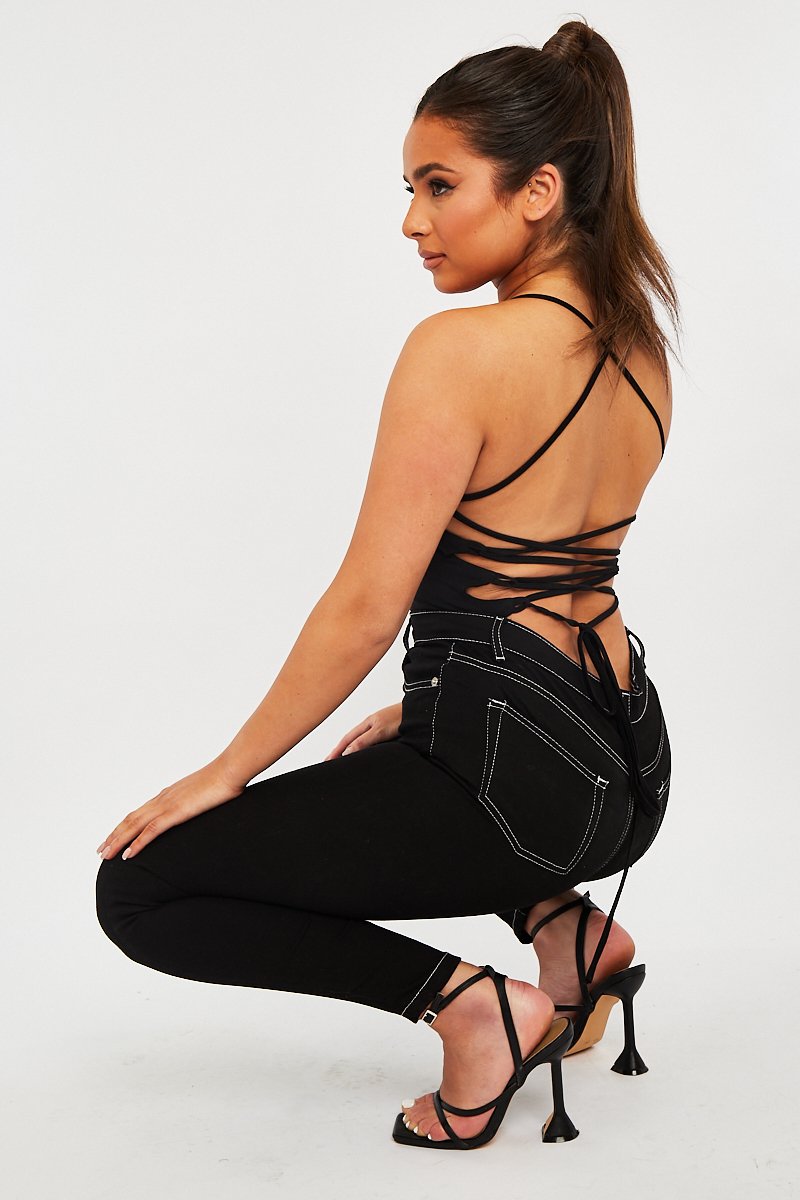 Black Square Neck Lace Up Back Bodysuit - Veronica-Bodysuits