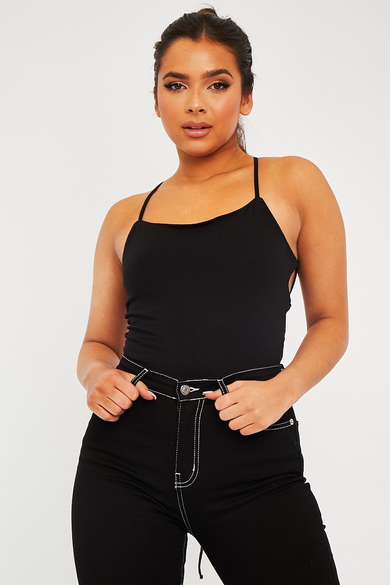 Black Square Neck Lace Up Back Bodysuit - Veronica-Bodysuits