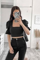 Black Square Neck Open Back Crop Top - Faisa-Crop Tops