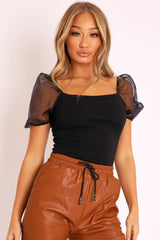 Black Square Neck Puff Sleeve Bodysuit - Kataliya-Bodysuits